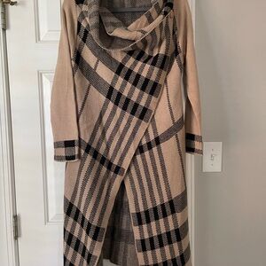 Plaid Long Coat with Cowl Neck